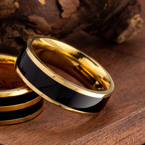 3/$35 Men's Gold Plated Black Band Ring PVD Coated Stainless Steel Hip Hop Punk - Picture 4 of 5